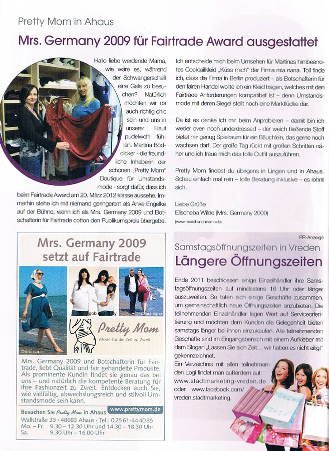 Mrs. Germany 2009 setzt auf Fairtrade und Pretty Mom in Ahaus